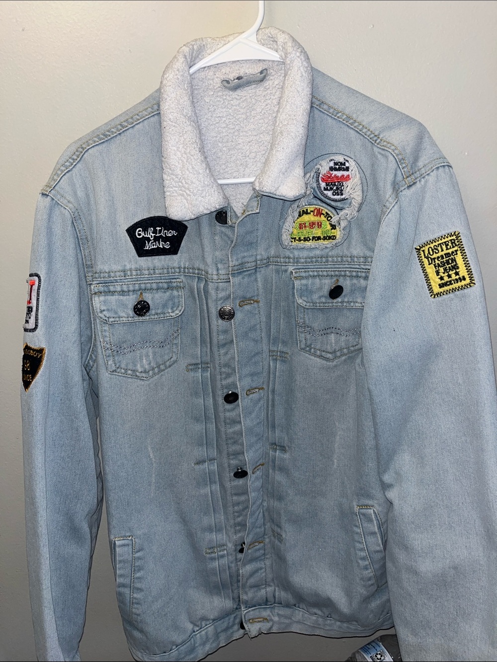 Light Blue Sherpa-Lined Denim Jacket with Vintage Patches